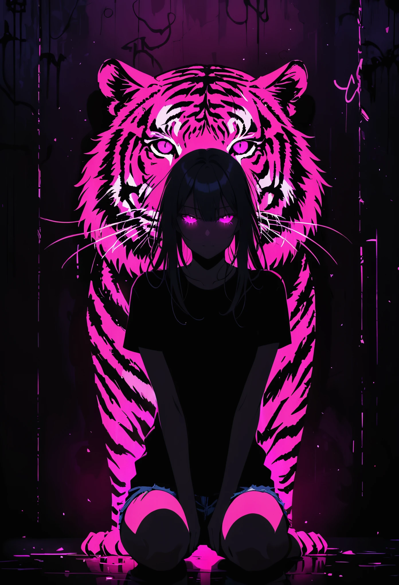 (Portrait of mysterious giant roaring tiger)，indoor，Fluorescent illumination， (((Darkness shrouded, black background, shadow, Extreme darkness, Dark atmosphere))),，Wall background，black background，contour，shadow，Extreme darkness，Minimalist graffiti style background，Fluorescent pink eye graffiti，Dark atmosphere，Cowboy shooting,1 Girl,Oversized black T-shirt，Mid-chest，Waistless T-shirt，Lower breasts，Blurred background，Blurred foreground，Pink fluorescent hair，Fluorescent pink eyes，Long hair，Messy hair，Squatting on the ground, Pretend to be a cat，Low rise denim shorts，Over the knee boots，pink eye shadow，Ruined eyeshadow，poker face