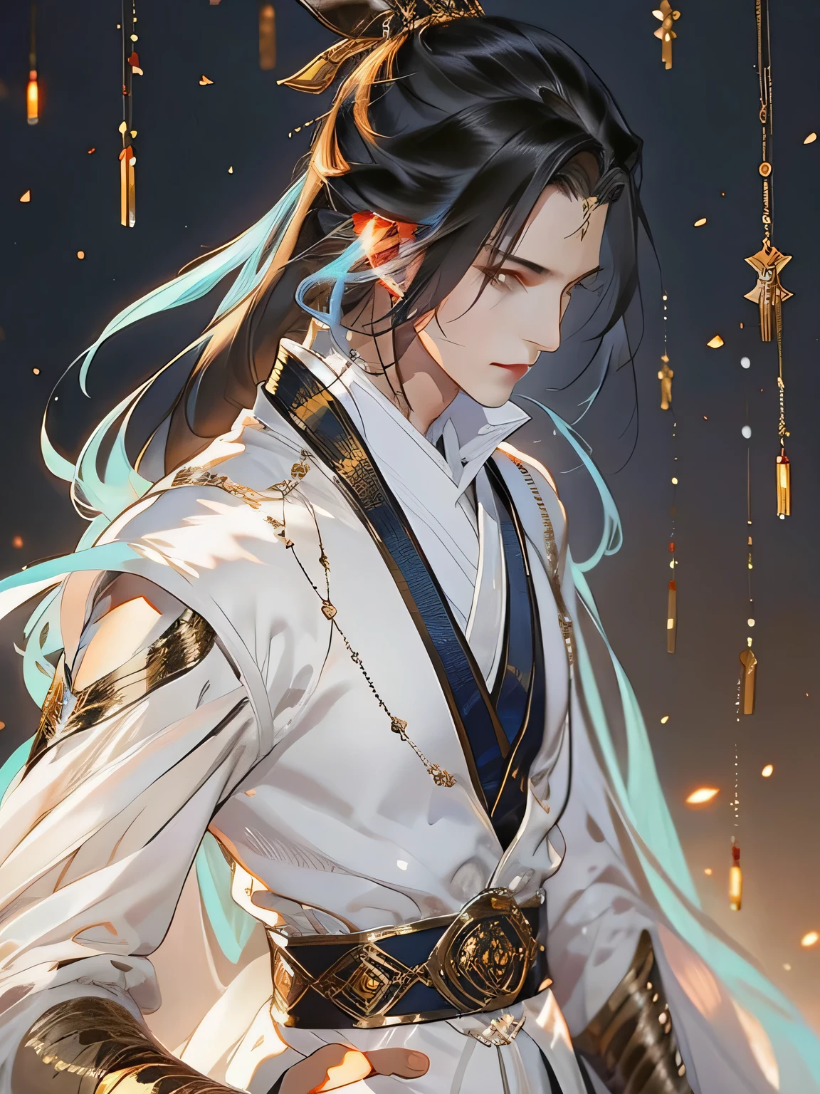 A handsome Chinese man,(Body proportions),Anime style,one person(Male Warrior),(fan in hand)Correct proportions,Face details,swordsman,High Ponytail Hairstyle,Neck details,black hair on shoulders,White suit,black and white robe,Clothing details,surrender,Long sleeve,Game quality,Sword Fighting,Ray Tracing,ray tray,Delicate glow,CG Rendering,Hair details,Black long hair,blue eyes,Handsome,Handsome,(Youthful feeling),The costumes are complicated,Perfect composition,Refinement,high quality,More detail,Lots of details,Complex background,Sense of atmosphere,high quality