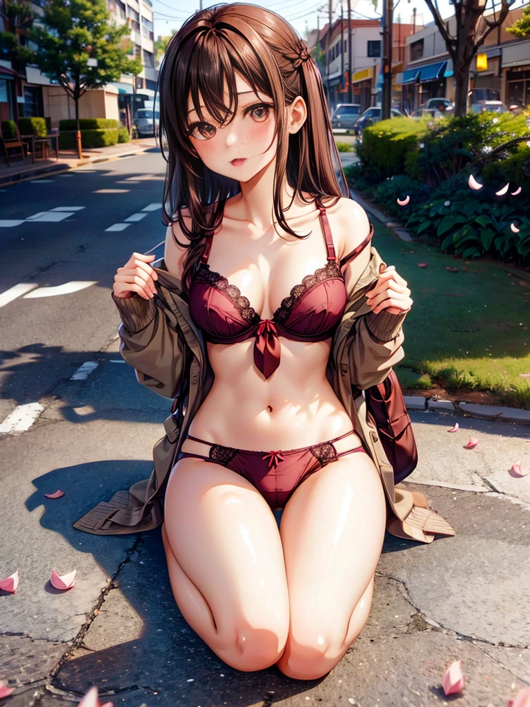 1girl, solo, long hair, breasts, looking at viewer, brown hair, shirt, navel, brown eyes, underwear, , open clothes, necktie, tongue, socks, tongue out, bra, petals, open shirt, kneeling, cherry blossoms