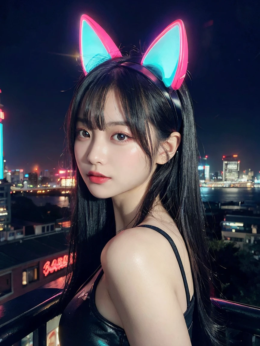 最high quality, masterpiece, 32k、Super detailed、realistic、1 girl, japanese woman、cute face, (photo actual:1.3), edge lighting, (high detail skin:1.2), 8K超High resolution, Single-lens reflex camera, high quality, High resolution, 4k, 8K, Optimal ratio of 4 fingers to 1 thumb, (actual:1.3), Green and blue neon cat ears headband、cute 1 girl, realistic、Super realistic、32k、Super detailed、masterpiece, 最high quality, beautiful girl, beauty、small breasts, Mecha, beautiful lighting, (neon light:1.2), (night:1.5), Cyberpunk Costume、sitting,Cyber Neon、future city、Skyscraper、City night、Shanghai、big city、night scene、Beautiful night scene