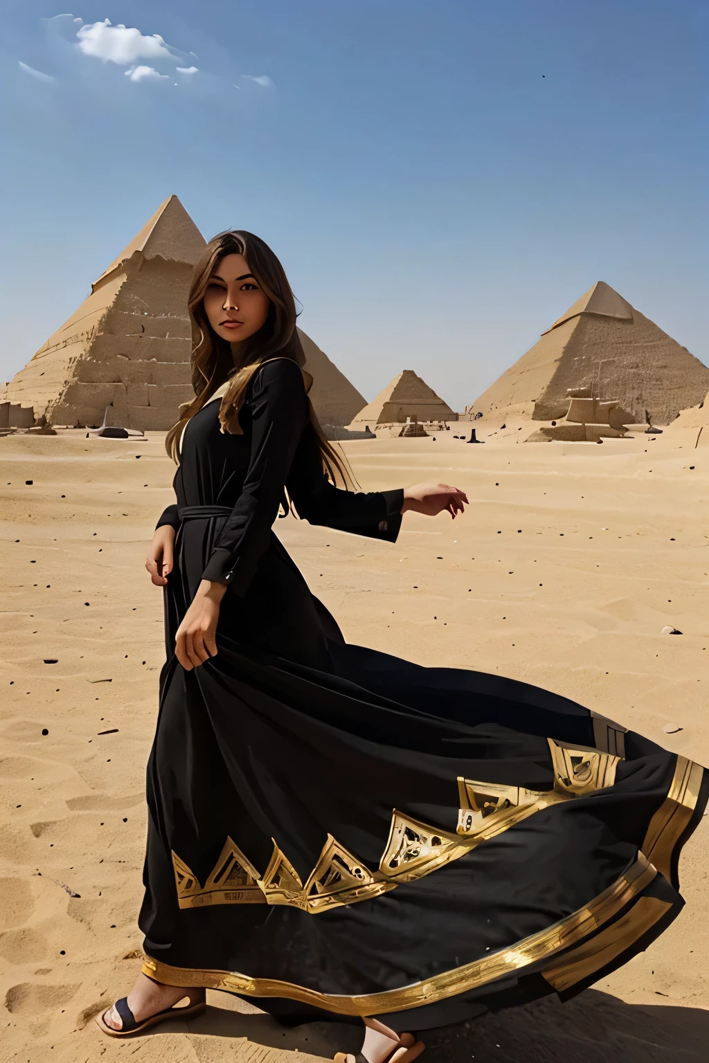 Masterpiece, best quality, 8k, 1girl, ultra high resolution. A stunning woman in a hijab posing in front of the Pyramids of Giza in Egypt. She wears a traditional black abaya with gold embroidery and a black hijab.