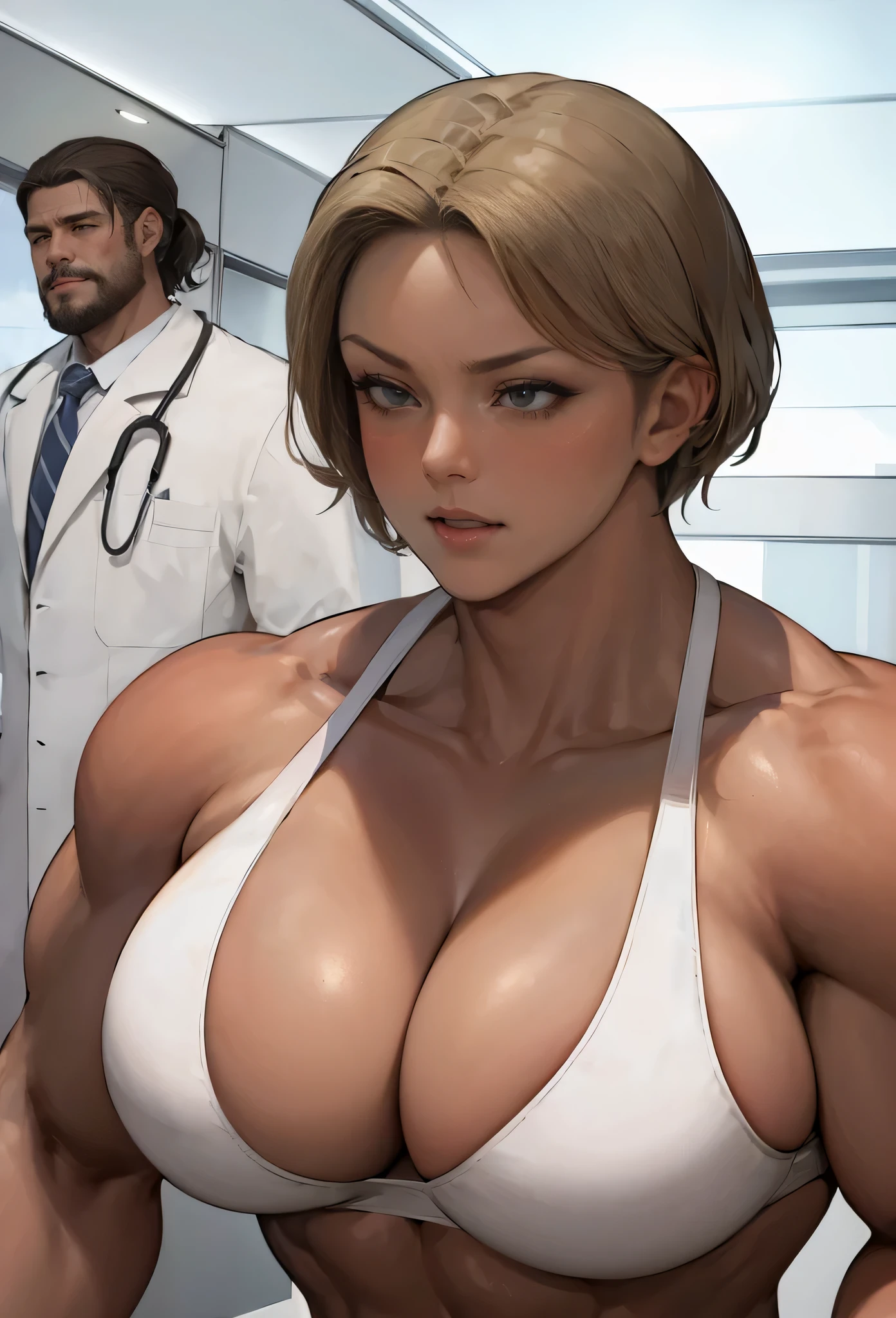 girl and boy,beautiful face,, muscular female, alternate muscle size,hospital,pecs,muscular ,biceps,upper body,blush