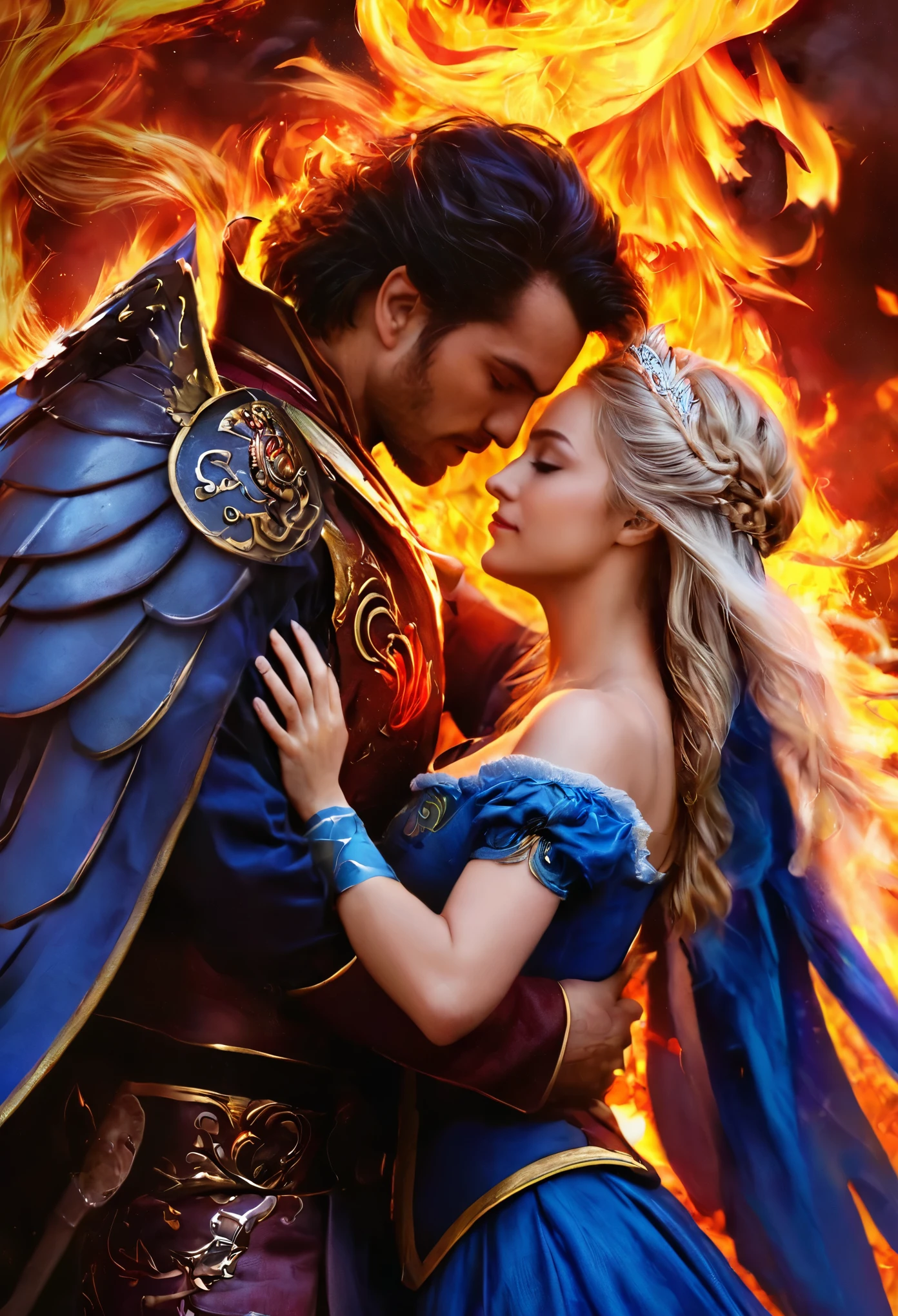 tmasterpiece, Best quality, Detailed pubic hair, A high resolution, (flame/butterflys/Loim,dynamic scene:1.3),Romantic couple kissing in fire,firestorm, catching fire, strange fantasy images, great skin texture