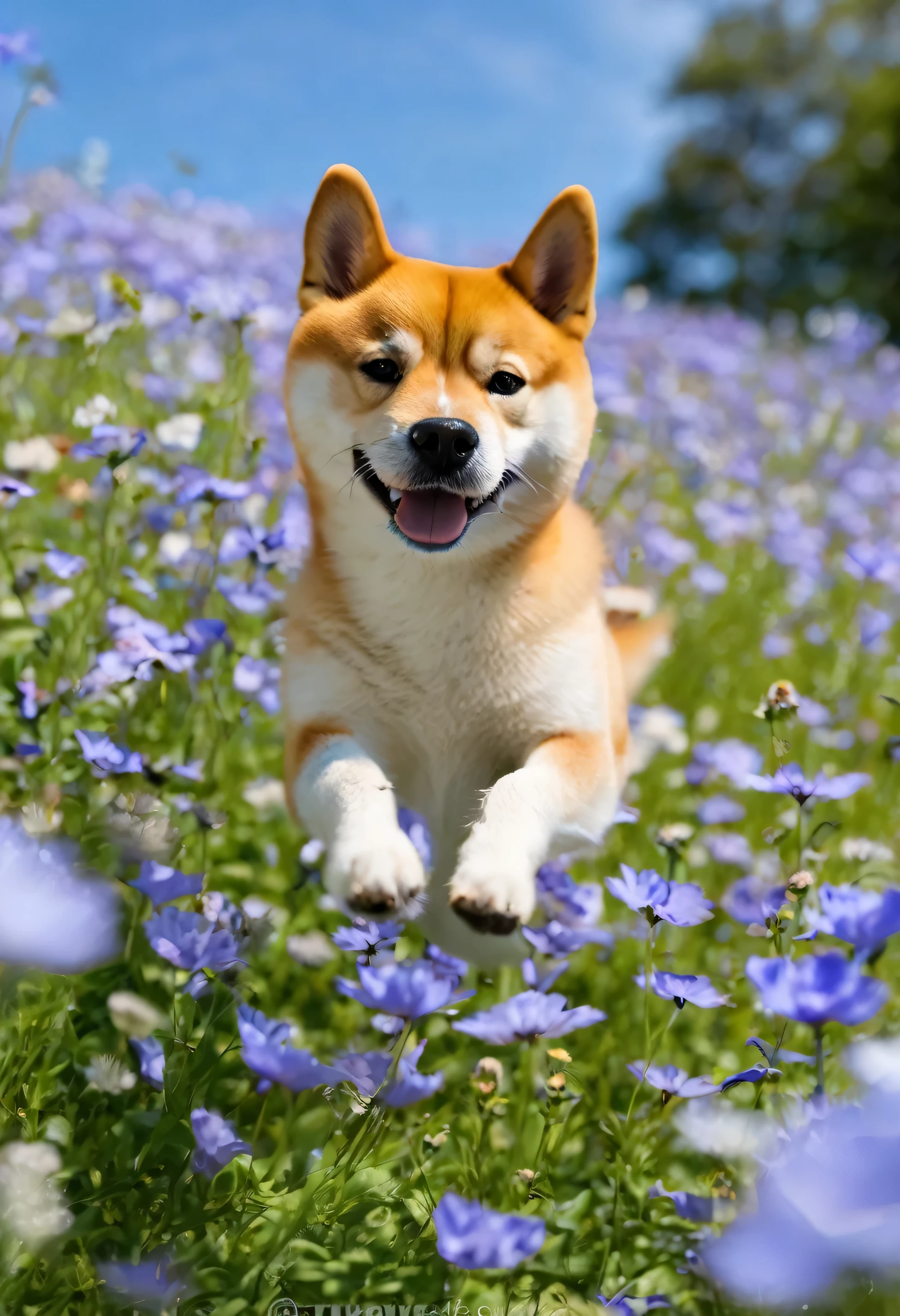 shiba jumping in the blue flower field