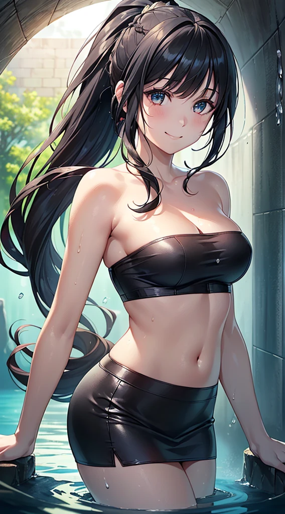 score_9, score_8_up, score_7_up, score_6_up, uncensored, sae shirai, long hair, black hair, ponytail, ahoge, glasses, black eyes, hair between eyes, sidelocks, medium breasts, shiny skin, (skindentation:1.2), (thick:1.2), BREAK (perfect hands, perfect anatomy), beautiful detailed eyes, beautiful detailed lips, extremely detailed face and portrait, elegant expression, soft warm lighting, volumetric lighting, cinematic composition, detailed environment, lush garden, vibrant colors, intricate details, masterpiece, high resolution, digital painting, excessive sweating, sweating profusely, sweating drop, gasping, heavy breathing, hollow eyes (Abstractionism:1.2), BREAK, plump, seductive sweating, half-closed eyes, 1girl, breasts, solo, bikini, swimsuit, looking_at_viewer, navel, facial_mark, parted_lips, thighhighs, arm_up, ass_visible_through_thighs, thighs, lips, body stocking, field, bokeh, spark, 