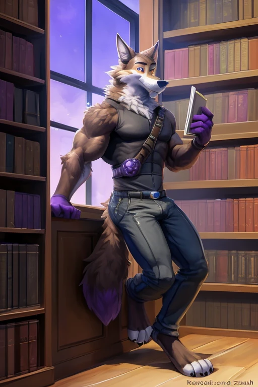 (( sfw, Wendell with brown fur and purple hands and feet)) , big chest, sexy, sensual, detailed, uploaded to e621, beautiful and detailed portrait of an anthropomorphic Fenix, ((anthropomorphic male Wendell with brown fur and purple hands and feet))), kenket, Ross Tran, ruan jia, uploaded to e621, zaush, foxovh, movie lighting, library, thicc, alone, luminous pink eyes, view, muscular toned, muscles, muscular build, with a slight bulge in his pants , anthropomorphic, waiting in a room full of bookshelves,
