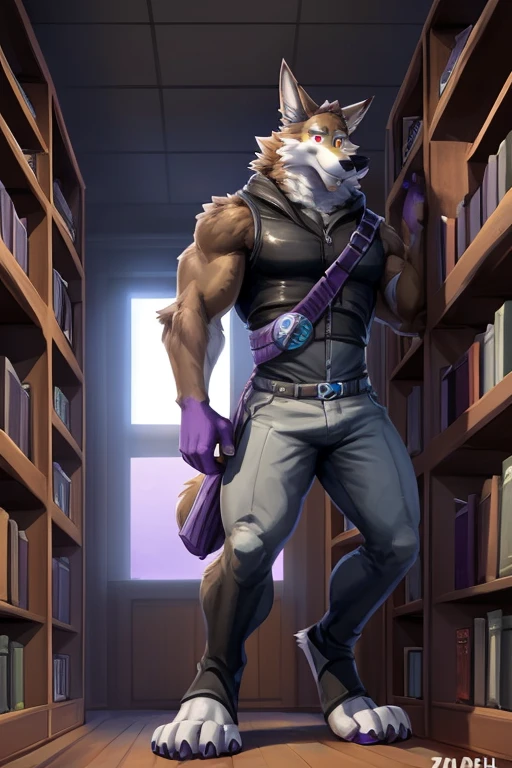(( sfw, Wendell with brown fur and purple hands and feet)) , big chest, sexy, sensual, detailed, uploaded to e621, beautiful and detailed portrait of an anthropomorphic Fenix, ((anthropomorphic male Wendell with brown fur and purple hands and feet))), kenket, Ross Tran, ruan jia, uploaded to e621, zaush, foxovh, movie lighting, library, thicc, alone, luminous pink eyes, view, muscular toned, muscles, muscular build, with a slight bulge in his pants , anthropomorphic, waiting in a room full of bookshelves,