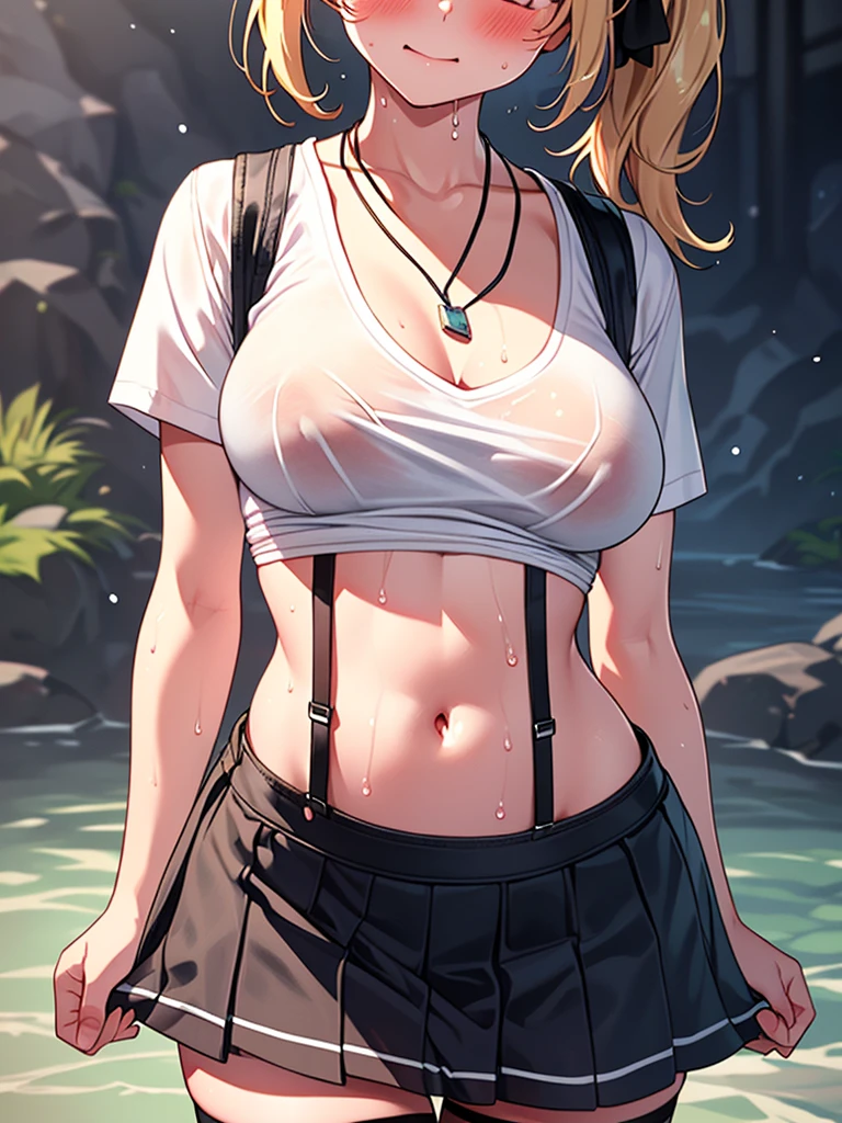 (highest quality, High resolution, perfect pixel, Depth of bounds written, 4K), detailed eyes, (1 girl), perfect body, medium breasts, blond hair, (side ponytail), (white t-shirt lift:1.2), bra, (v-neck), (black suspender skirt), necklace, (kneehighs), bellybutton, (standing), (looking up), blush, embarrassed, wet,