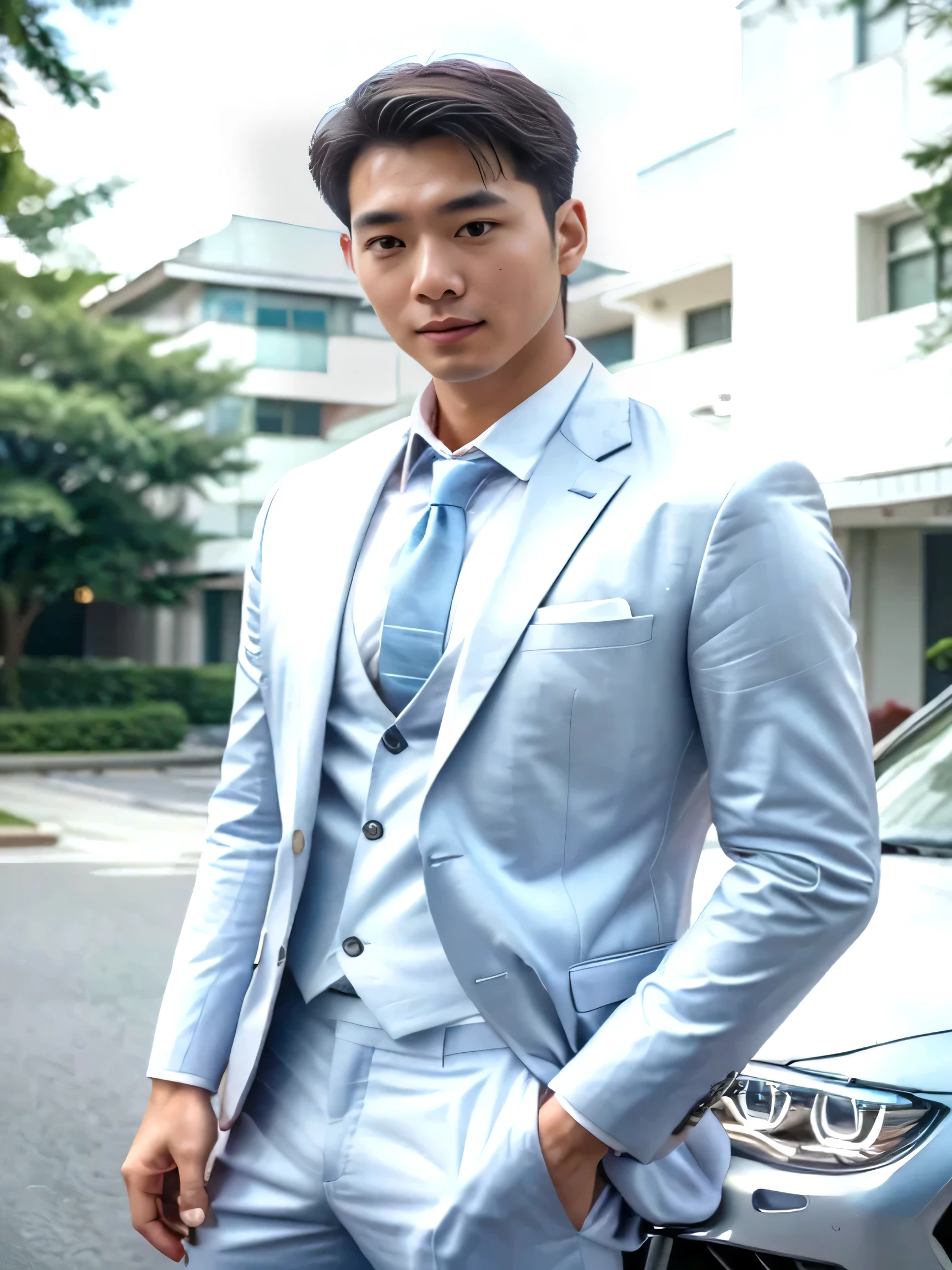 a japanese man's face.Smile. looking in the direction of the camera. arafficial asian man in a suit and tie standing in front of a car, wearing a light blue suit, Handsome chad chin, Mr. Jia, Inspired by Lee Joong-geun, Handsome man, wearing suit, Xiaorong, suit, in a suit, Roth Tan, blue suit, Handsome, well dressed, wearing fashion suit, steve zheng