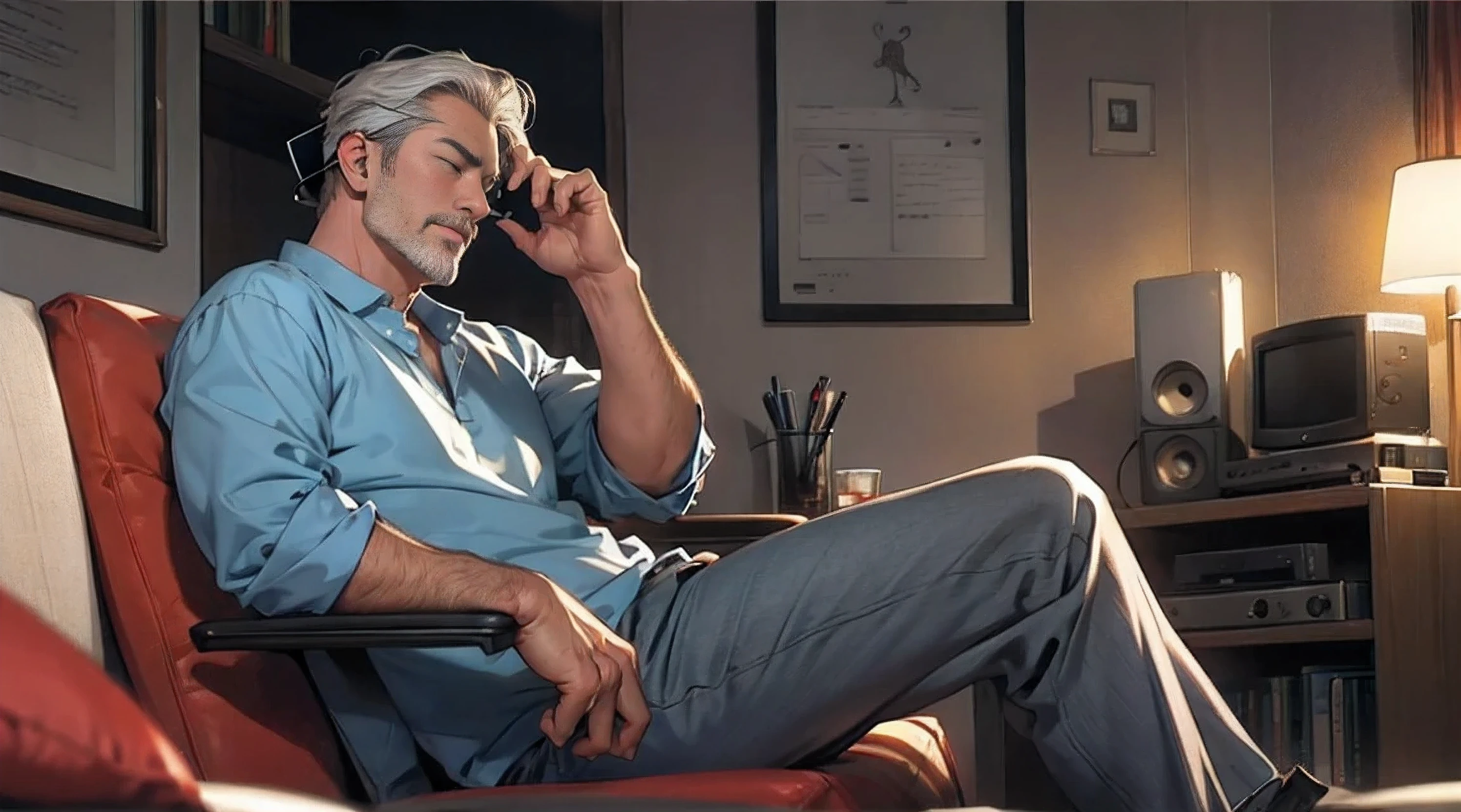 A handsome middle-aged man listening to music、relax