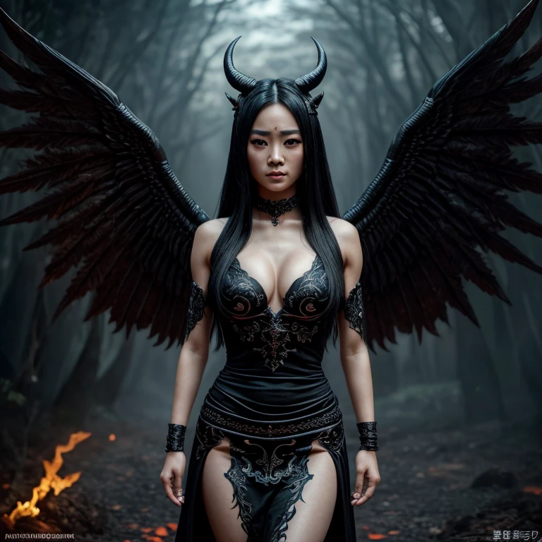 1 female demon, Japanese, Asian eyes, horned, ultra-detailed face and eyes, hyper-realistic, realistic depiction, 30 years old, wearing a long black dress, dancing through hell, winged demons can be seen behind her, full body view