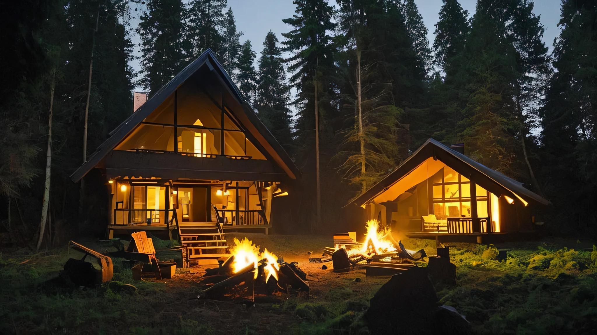 lumberjack house in the middle of the forest, on a full moon night, making a big bonfire 