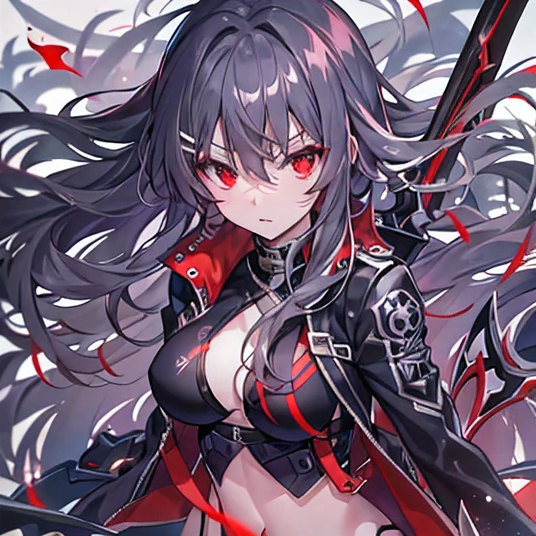 dark silver hair、Red Eyes、Confused eyes、black and red bikini、long hair、runaway、black jacket、Half an eye、Ahoge、Red thunder、red sword、Dynamic Background、adult