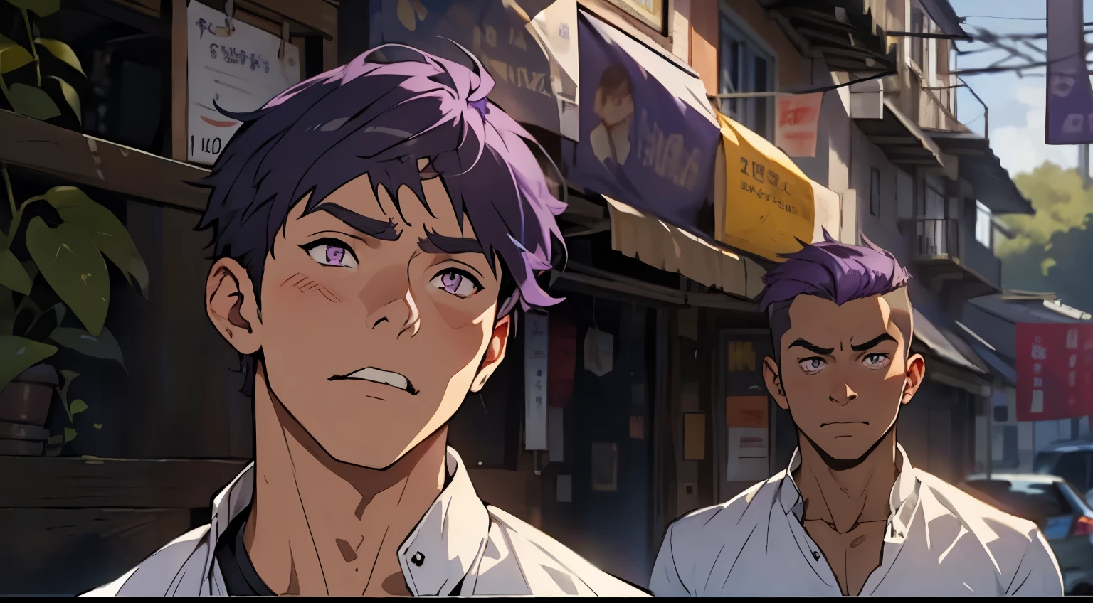 cute boy is upset 17 years old purple eyes purple hair