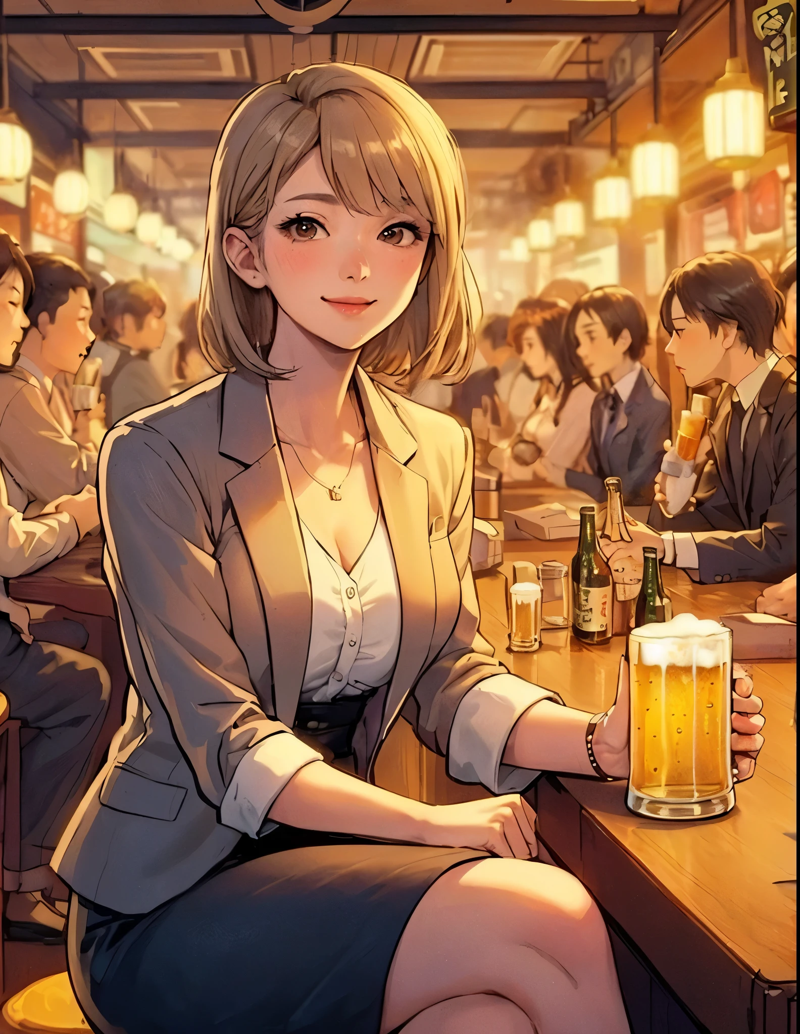 1lady solo, sitting at counter table, (holding beer mug) in one hands, office worker, suit jacket, stylish outfit, mature female, /(beige hair/) bangs, blush kind smile, (drunk:0.8), (masterpiece best quality:1.2) delicate illustration ultra-detailed, large breasts BREAK (bustling izakaya) indoors, bottle of beer, crowded, (warm lighting), detailed background