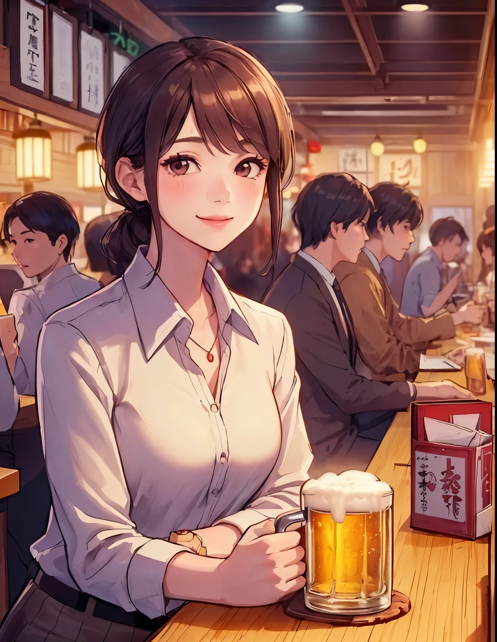 1lady solo, sitting at counter table, (holding beer mug) in one hands, office worker, dress shirt, stylish outfit, mature female, /(dark brown hair/) bangs, blush kind smile, (drunk:0.8), (masterpiece best quality:1.2) delicate illustration ultra-detailed, large breasts BREAK (bustling izakaya) indoors, bottle of beer, crowded, (warm lighting), detailed background