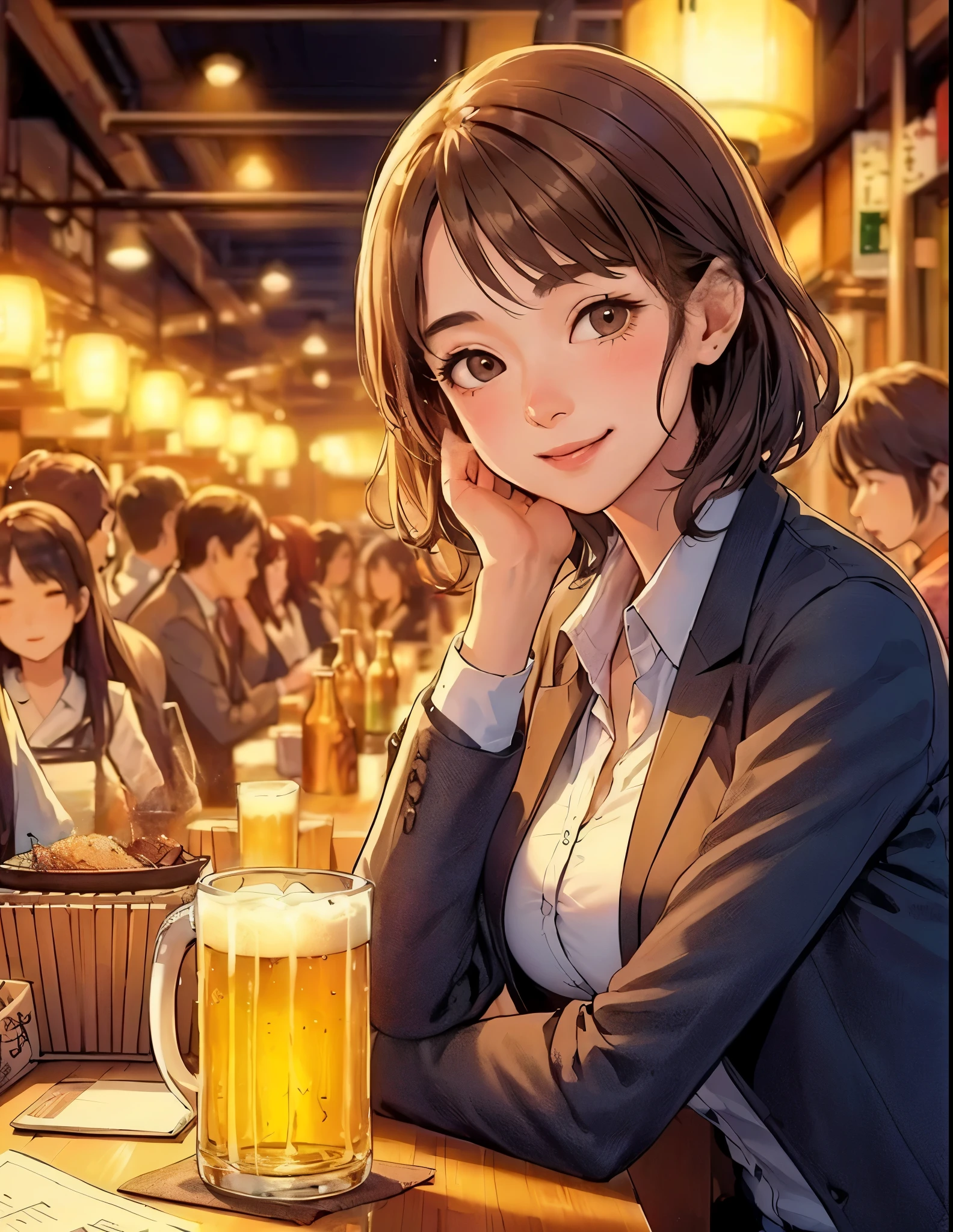 1lady solo, sitting at counter table, (holding beer mug) in one hands, office worker, suit jacket, stylish outfit, mature female, /(light brown hair/) bangs, blush kind smile, (drunk:0.8), (masterpiece best quality:1.2) delicate illustration ultra-detailed, large breasts BREAK (bustling izakaya) indoors, bottle of beer, crowded, (warm lighting), detailed background