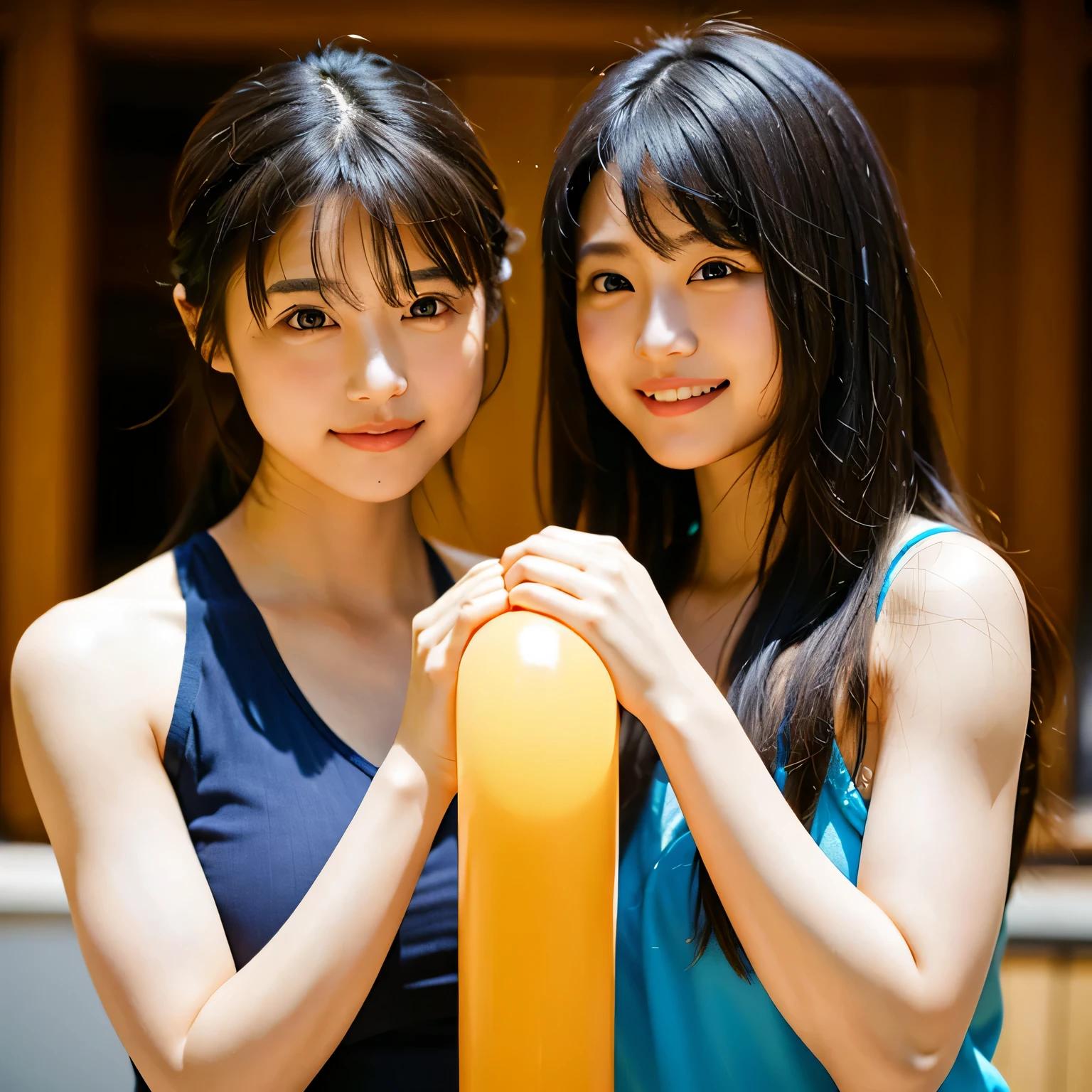 2 girls standing, 18-year-old,bangs,a little smiles,thighs,knees,crotch,short cut hair,low ponytail,from below , Crawling on all four