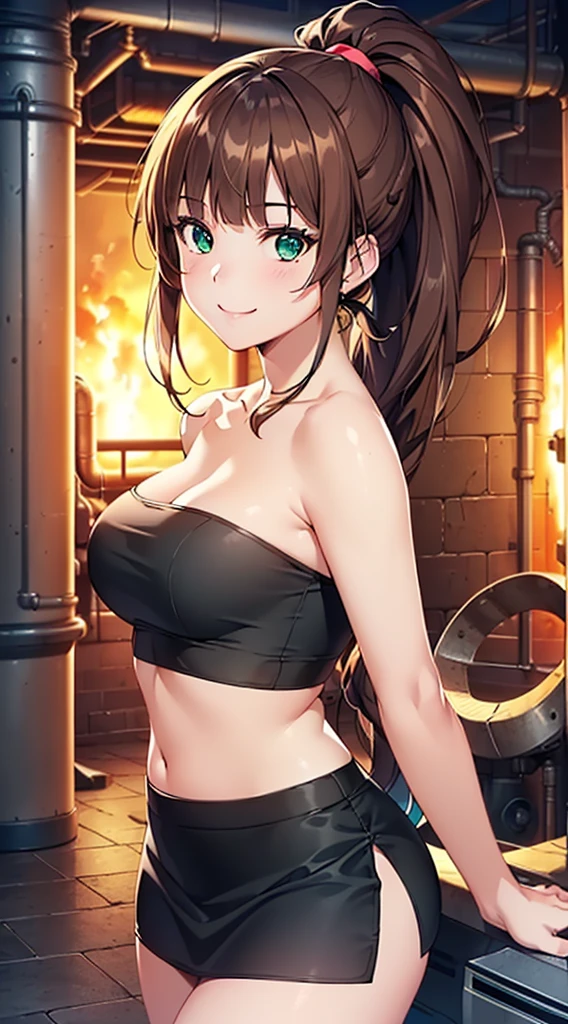 ((masterpiece, highest quality, High resolution, Hmm, Pixel perfect, Depth of written boundary, 4k, RTX, HDR))), 1 Girl, single, alone, Beautiful Anime Girls, Beautiful art style,anime character, ((Long Hair, bangs, brown hair, ponytail:1.5)), (Green Eyes:1.4, Round eyes, Beautiful eyelashes, Realistic eyes), (Detailed face, ), (Smooth texture:0.75, Realistic texture:0.65, Realistic:1.1, Anime CG Style), Medium breast, (Perfect body ,(Black Tube Top), mini skirt, smile, Filmed in a blast furnace,underwear can be seen through the skirt