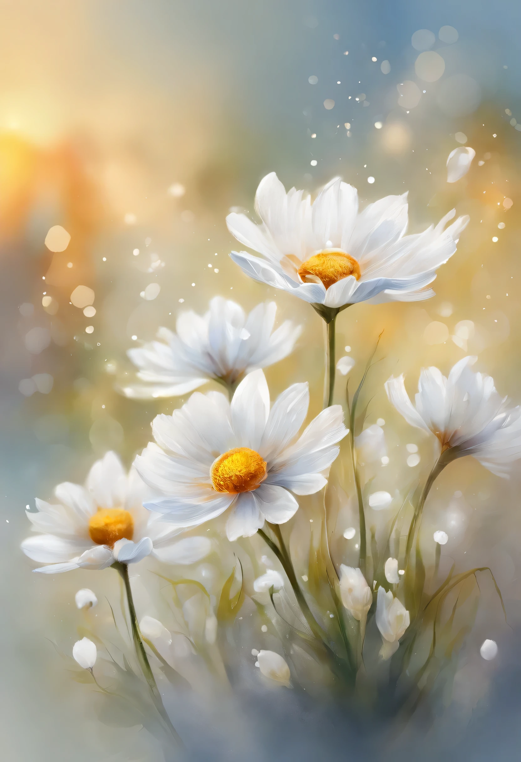 Macro, white flowers, Surreal, Depth of Field, Bokeh, 8k, High octane rating, 3D Light, Volumetric Light, Sunset light