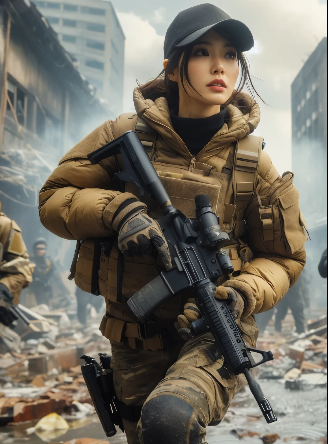 photorealistic、realistic skin texture、A beautiful Japanese woman belonging to the American military is in a city of winter rubble.、alley、old brick building、I'm on guard、Backpack、tactical puffer jacket、baseball cap、automatic rifle、bulletproof ves snowing、moving action pose、muddy boots