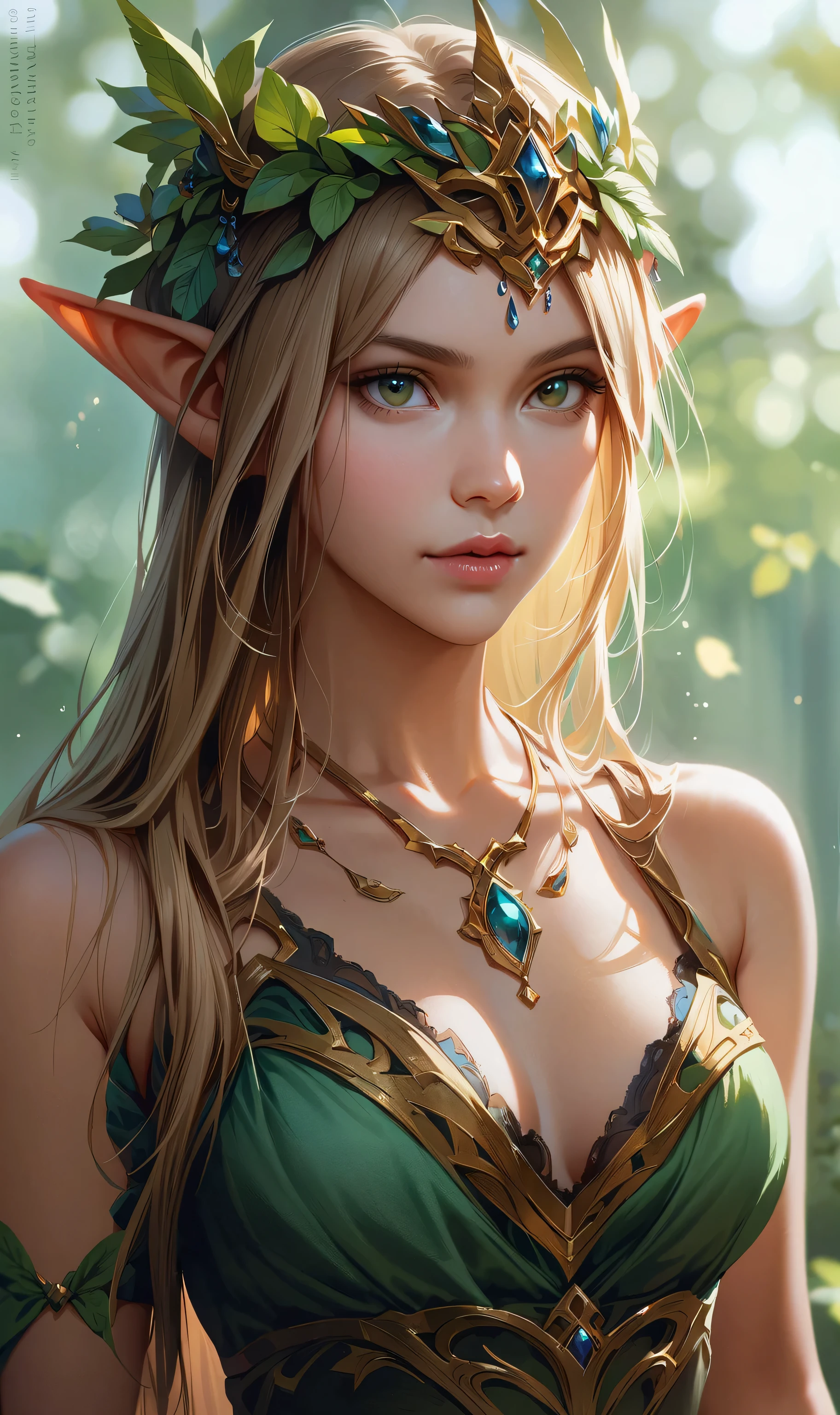 a close up of a elf girl with a green dress, elf girl, elf princess, very beautiful elven top model, hyperrealistic fantasy art, beautiful and elegant female elf, realistic fantasy render