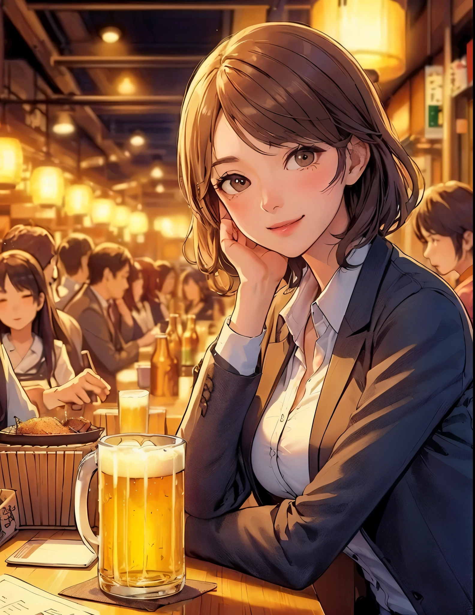 1lady solo, sitting at counter table, (holding beer mug) in one hands, office worker, suit jacket, stylish outfit, mature female, /(light brown hair/) bangs, blush kind smile, (drunk:0.8), (masterpiece best quality:1.2) delicate illustration ultra-detailed, large breasts BREAK (bustling izakaya) indoors, bottle of beer, crowded, (warm lighting), detailed background