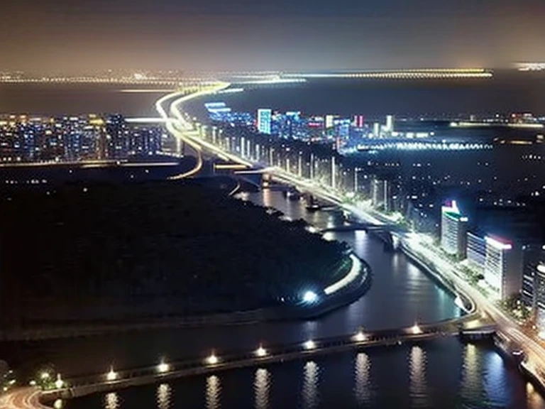 night view of a city，There are bridges and rivers, neon city in the background, beautiful city of the future, style hybrid mix of Bepple, Bepple style, japanese city at night, Bepple!!, Cyberpunk Hiroshima, City night visual effects, neon city, Vapor City, city midnight neon lights