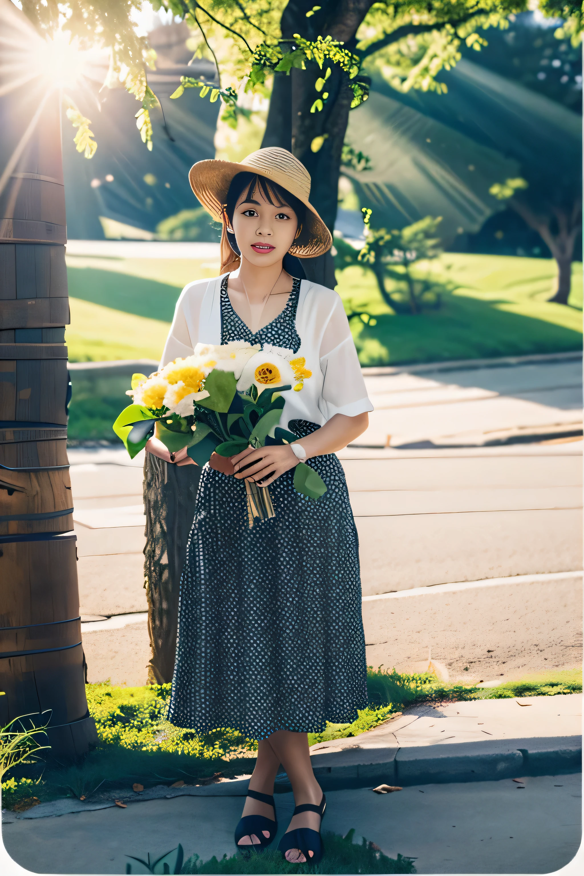Highly realistic photo, ((masterpiece), (best quality), (raw photo), (photorealistic:1.4), A photograph of an Asian woman from the early days, standing outdoors with flowers and roses in her hand wearing a white shirt, black polka dot skirt and straw hat. The background features a tree lined street and a grassy field. This was taken during daylight with natural lighting, captured in the style of a retro Polaroid camera from that era, photo taken by Sony A7IV