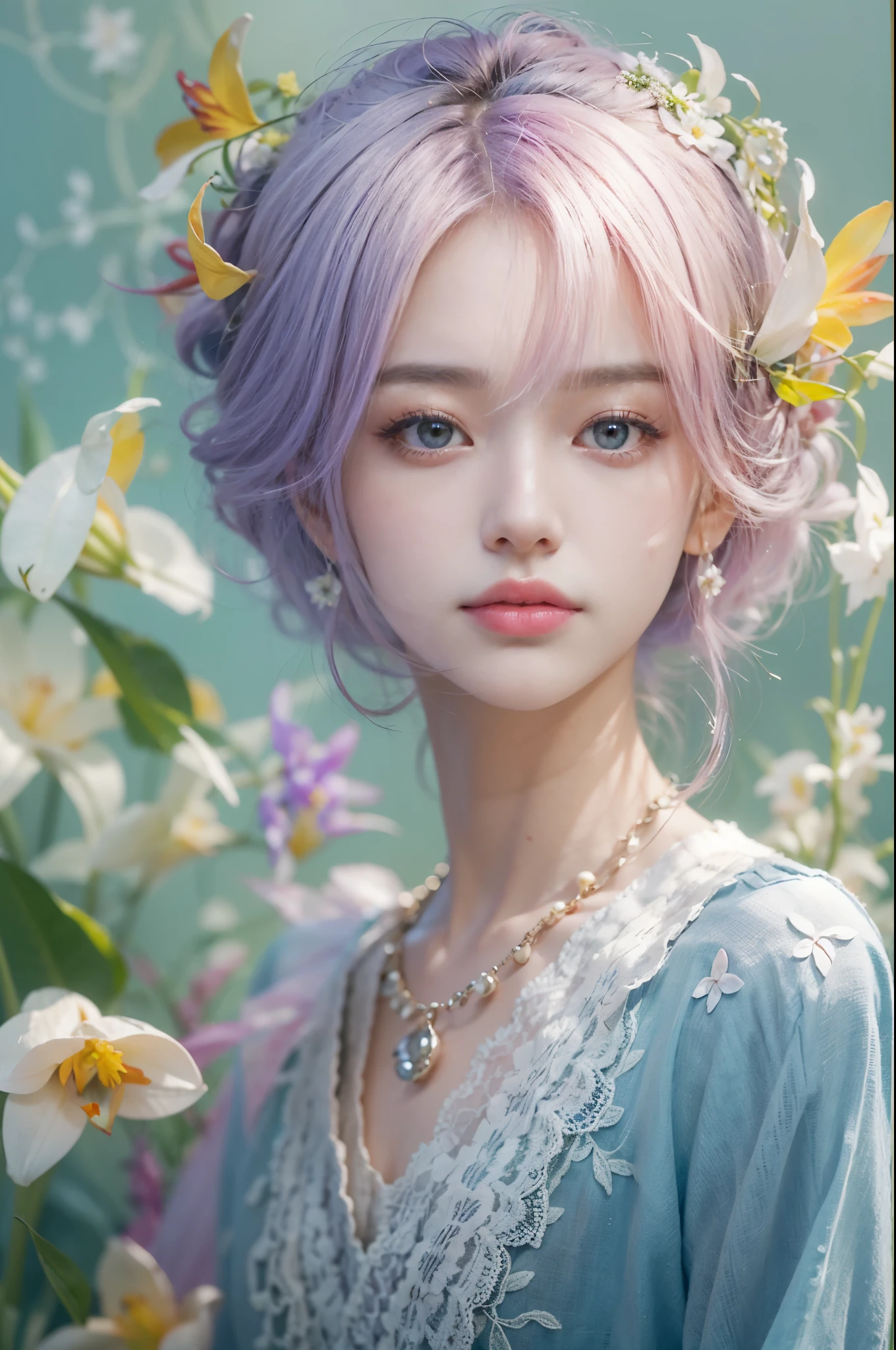 Sweet girl clothes2,pearl necklace,blue dress,flower, ((knee shot)), There are white butterfly orchids around the hair，Lilac dendrobium、orange lily、white lilies、1 girl in、fully body photo,medium straight bob hair,pink hair,floated hair、Hazy beauty,small breasts,flat chests, slim,thin,Chopping, Have extremely beautiful facial features、Hairpin on the head、Lie in the flowers、arms behind back,rosette、(springtime、raining day、butterflys、precipice)、 vectorial art、Chinese contemporary art、Soft lighting、intertwined scarves、looking-down