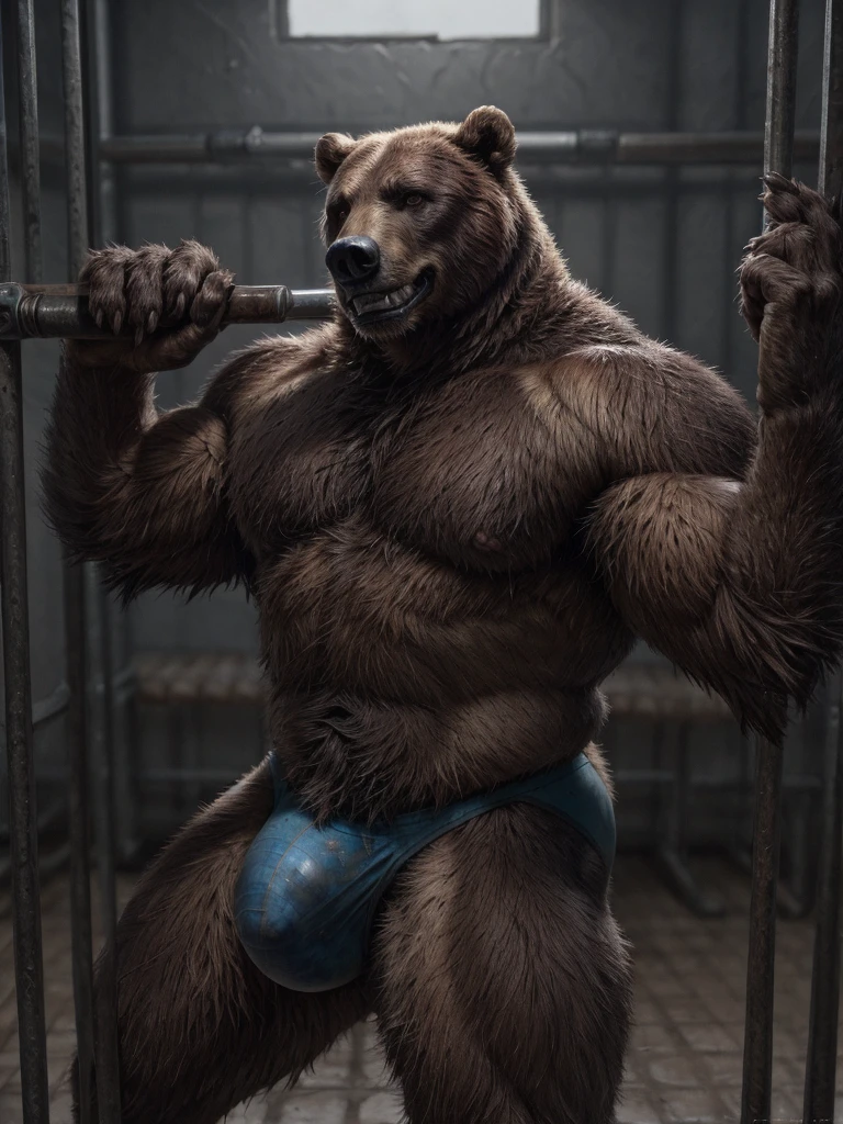 Prison setting, prison cell, bear, equine, flex, muscular, barazoku, evil grin,
BREAK,
(detailed background:1.2),high detail, film photography, RAW candid cinema, realistic, analog style, best quality, ultra realistic, 8k, (by taran fiddler), detailed speedo, big underwear bulge