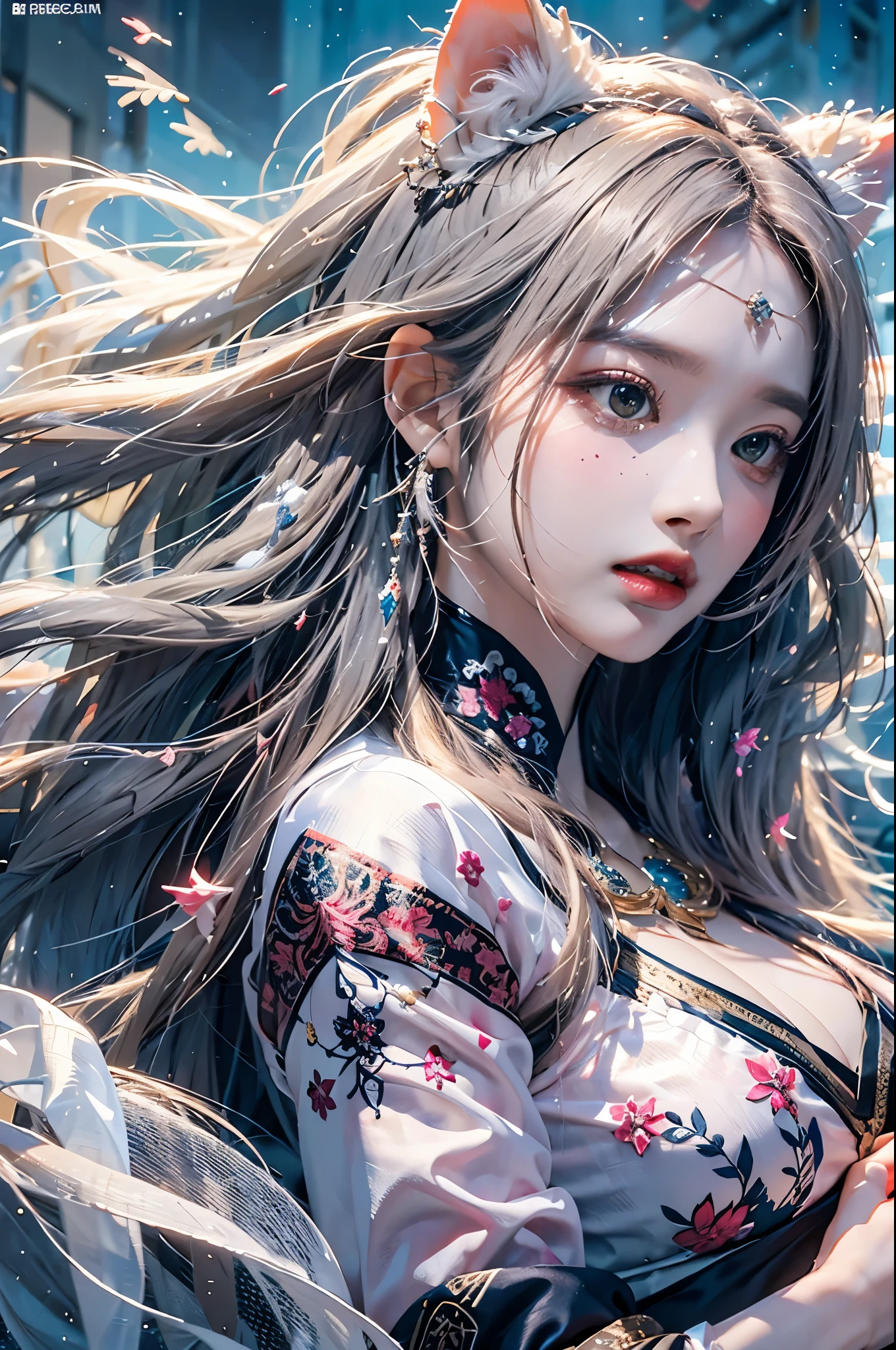 4k ultra hd, high resolution,a stunning beautiful girl, 1girl, solo, official art, unity 8k wallpaper, ultra detailed, beautiful and aesthetic, masterpiece, best quality, realistic, (zentangle, mandala, tangle, entangle), (fractal art), (ecstasy of silk:1.5), web, chain, extremely detailed, dynamic angle, epic composition, the most beautiful form of chaos, elegant, a brutalist designed, vivid colours, romanticism, serious face, white long hair, grey mist, big grinning (spirit cat) with sharp teeth