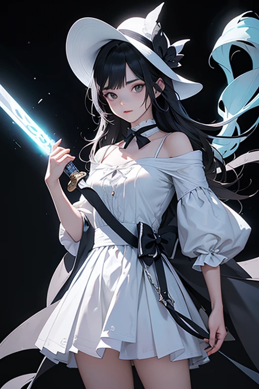 (Obra maestra:1.2), Mejor calidad, (illustration:1.2), (ultra detallado), hiper detalles, (delicado detallado), (detalles intrincados), (cinematic light, Mejor calidad Backlights), Delete line, solista, Cuerpo perfecto, (1 chica), anime a elegant girl, hat cap detailed glowing ribbon ultra detailed, style detailed, most beatiful, soft delicatessen hair, translucent dressing Phantom, long soft dressing,detailed glowing drawing(glowing color hands). black and white. Poster Original ink press octane render digital art stylized, standing in front of the with her magical sword and sword to release blue flame, cool black dregon tattoo on neck and who cut through infinity, she who has touched the void, (constituir), alto contraste, (mejor iluminacion, un extremadamente creado y hermoso), (cinematic light), vistoso,