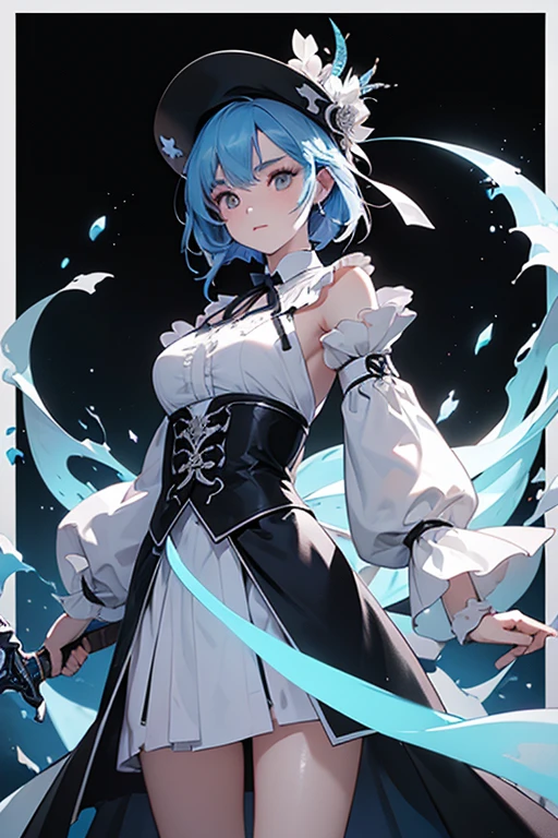 (Obra maestra:1.2), Mejor calidad, (illustration:1.2), (ultra detallado), hiper detalles, (delicado detallado), (detalles intrincados), (cinematic light, Mejor calidad Backlights), Delete line, solista, Cuerpo perfecto, (1 chica), anime a elegant girl, hat cap detailed glowing ribbon ultra detailed, style detailed, most beatiful, soft delicatessen hair, translucent dressing Phantom, long soft dressing,detailed glowing drawing(glowing color hands). black and white. Poster Original ink press octane render digital art stylized, standing in front of the with her magical sword and sword to release blue flame, cool black dregon tattoo on neck and who cut through infinity, she who has touched the void, (constituir), alto contraste, (mejor iluminacion, un extremadamente creado y hermoso), (cinematic light), vistoso,