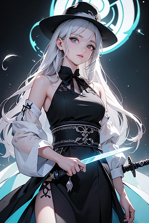 (Obra maestra:1.2), Mejor calidad, (illustration:1.2), (ultra detallado), hiper detalles, (delicado detallado), (detalles intrincados), (cinematic light, Mejor calidad Backlights), Delete line, solista, Cuerpo perfecto, (1 chica), anime a elegant girl, hat cap detailed glowing ribbon ultra detailed, style detailed, most beatiful, soft delicatessen hair, translucent dressing Phantom, long soft dressing,detailed glowing drawing(glowing color hands). black and white. Poster Original ink press octane render digital art stylized, standing in front of the with her magical sword and sword to release blue flame, cool black dregon tattoo on neck and who cut through infinity, she who has touched the void, (constituir), alto contraste, (mejor iluminacion, un extremadamente creado y hermoso), (cinematic light), vistoso,