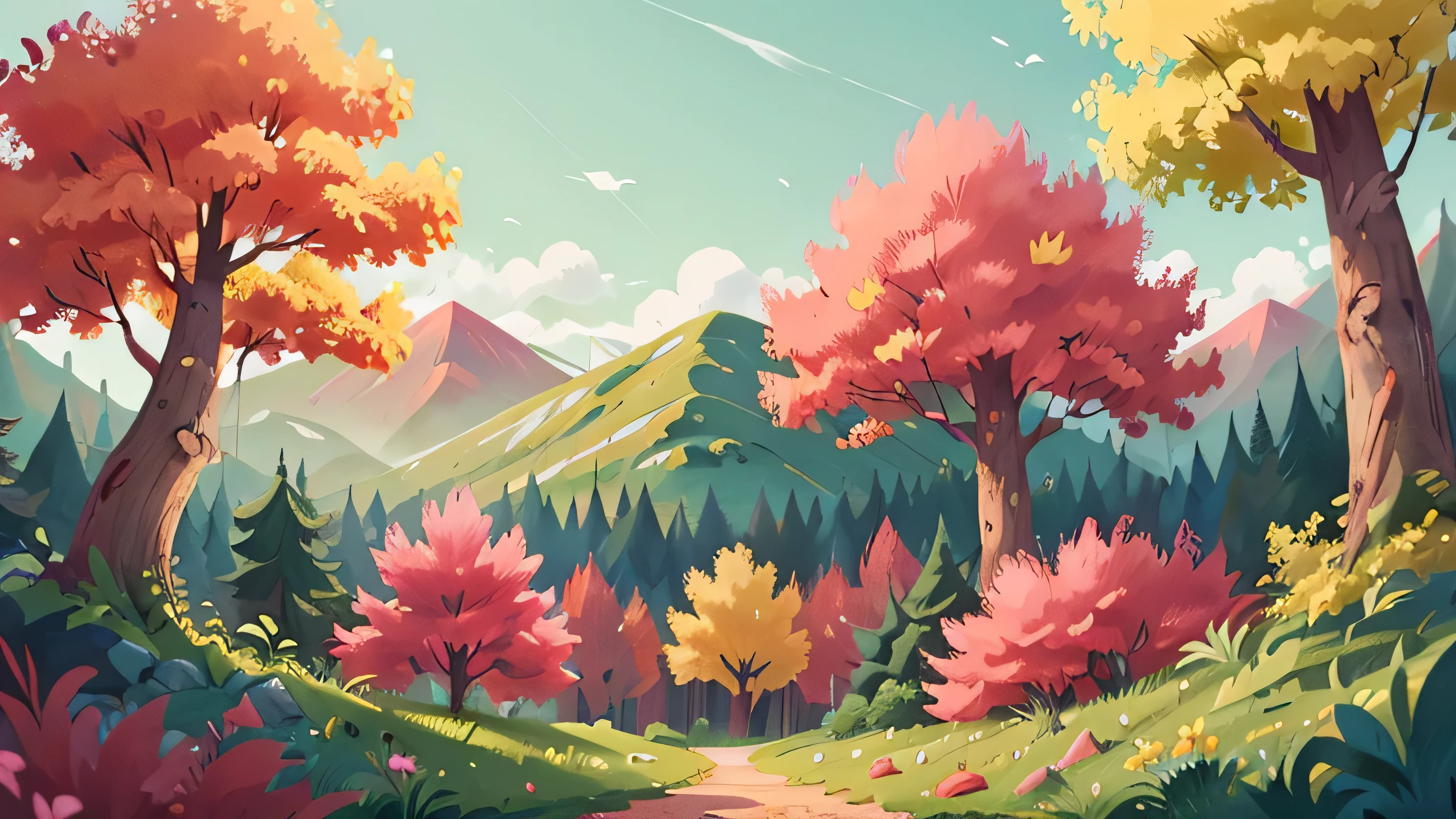 The forest has trees with green, yellow, and red leaves. In the background, there are beautiful green mountains. The sky is blue mixed with pink hues, with a few beautiful little flowers.
