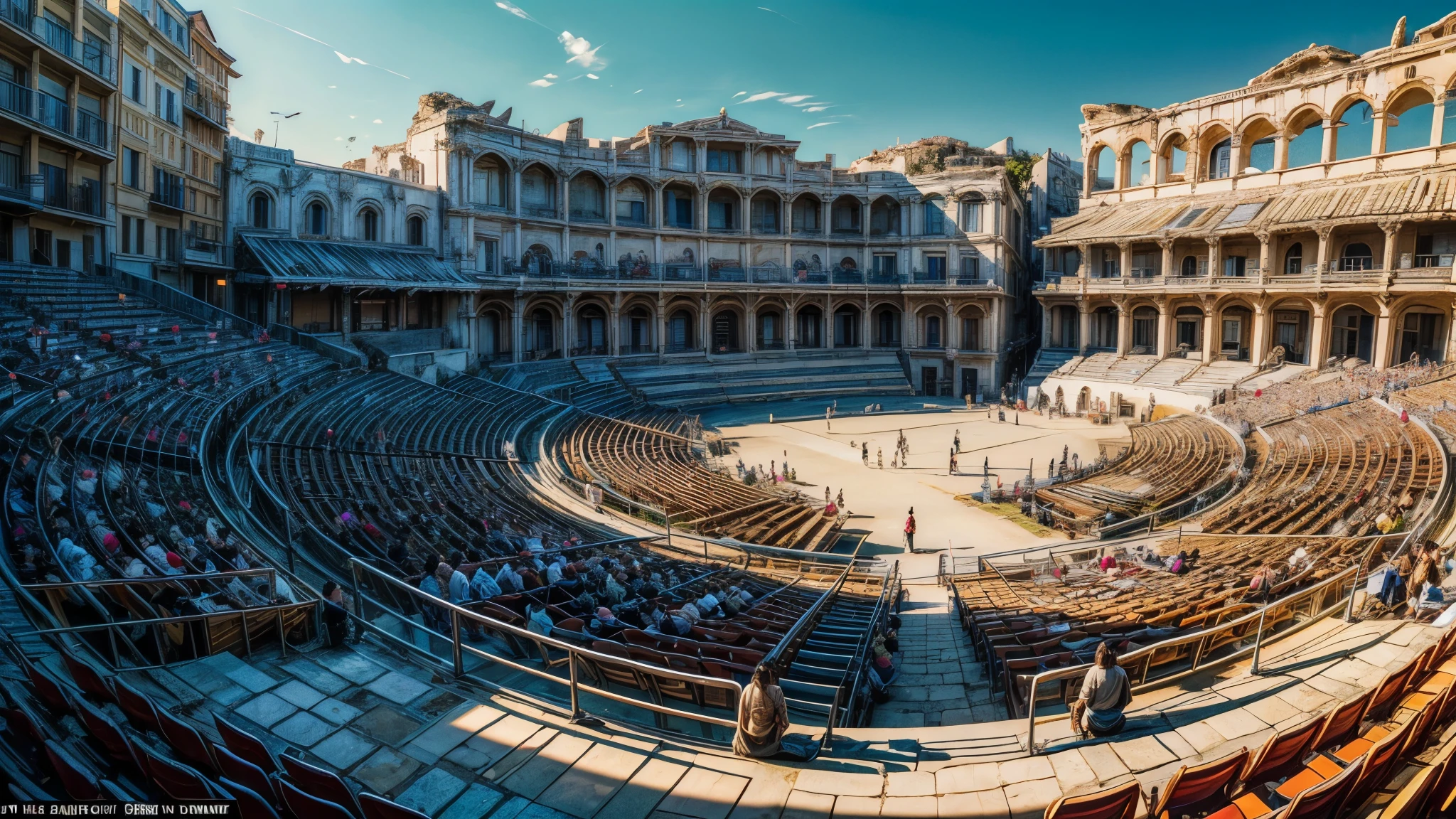 (masterpiece: 1.5, perfect quality: 1.5, extremely detailed), Theatre scene, greek beautiful architecture, open air Greek theatre, a lot of people, happy atmosphere, bright day, noon, wide shot, view from the top