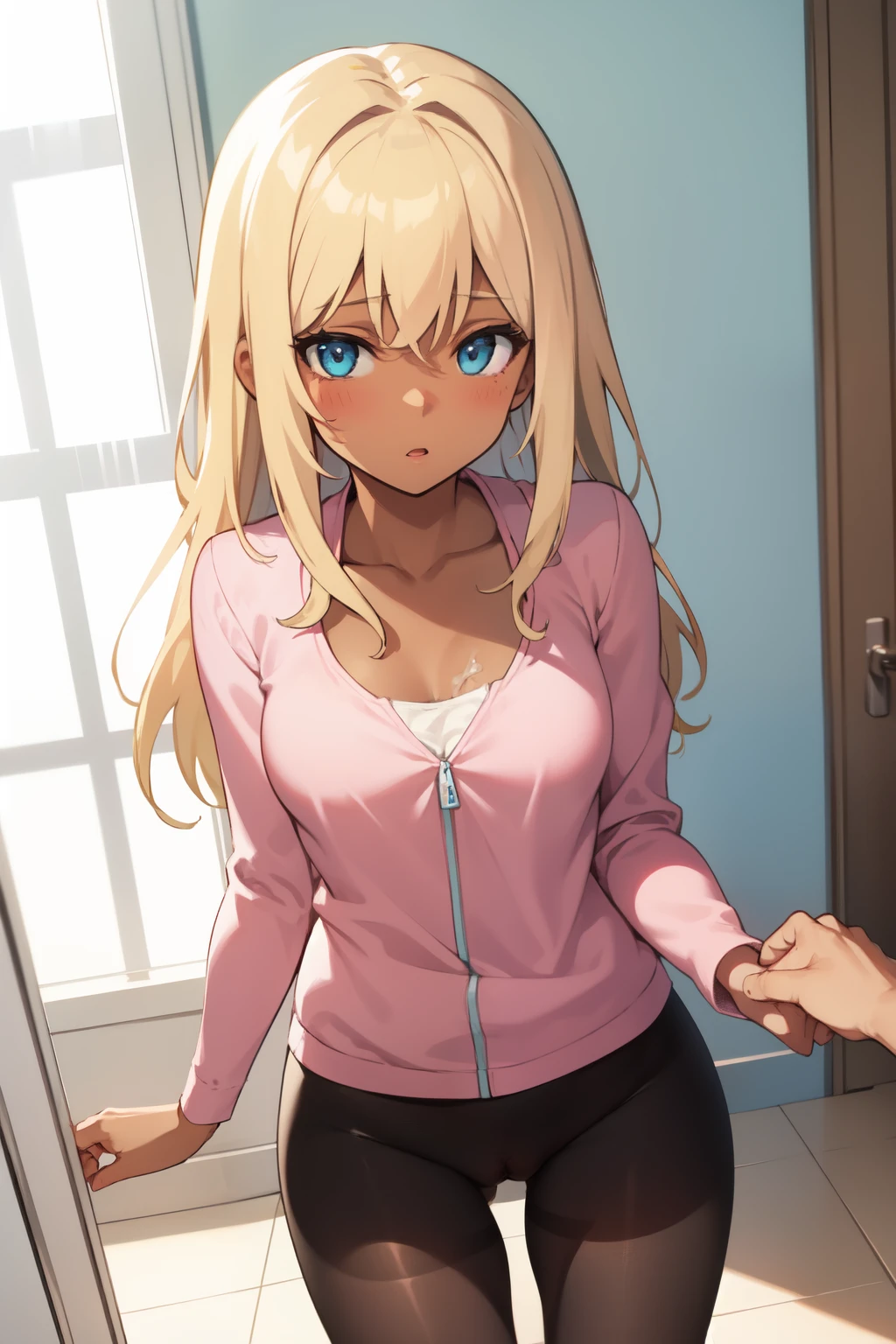 1 girl, cowgirl position, chölka, blonde, girl with dark skin, Heat, Blue eyes, gasped, bare chest, medium breast, long hair, looks at the camera, open pink shirt, black tights, 1 guy, member, Vagina, roentgen, sperm, sperm inside, Creampie, holding hands, hands in front of a girl, first person, on the toilet floor.