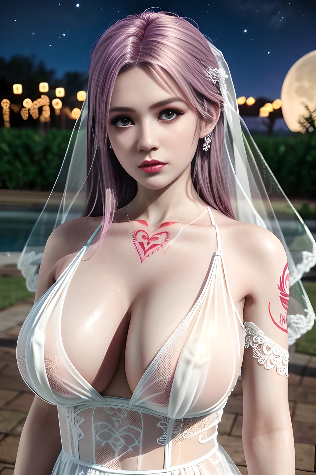 1 girl,standing posture,(( mini Wedding Dress, see-through)), outdoor,elegant,nighttime,moonlighe,shiny skin,( huge breasts:1.1), lip gloss,( tattoos:1.3), masterpiece, best quality, realistic ,Surrealism,natural colors art in 8k,soft shadows,Portrait art,solo, elise,