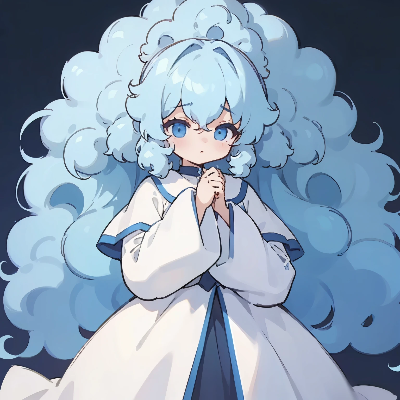 light blue hair, Big hair, curly hair, white clothes, Simple background, dark blue background
