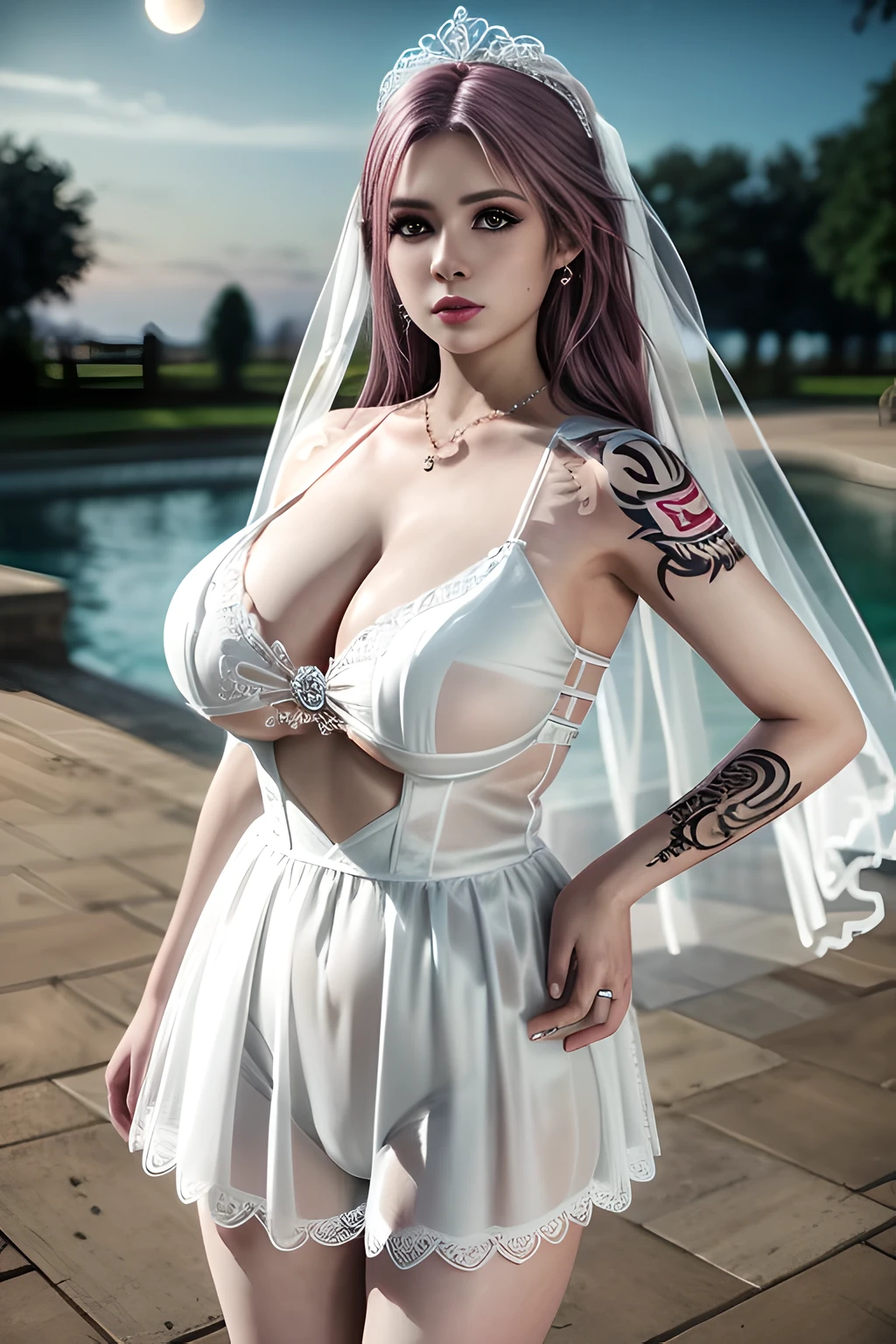 1 girl,standing posture,((  mini Wedding Dress, see-through)), outdoor,elegant,nighttime,moonlighe,shiny skin,( huge breasts:1.1), lip gloss,( tattoos:1.3), masterpiece, best quality, realistic ,Surrealism,natural colors art in 8k,soft shadows,Portrait art,solo,  elise,