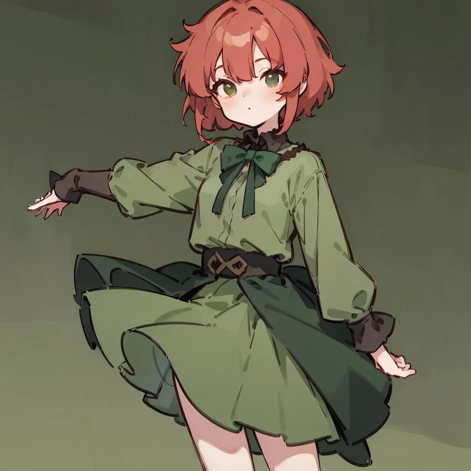 Young woman, Red hair, short hair, green bow, black eyes, green clothes, clothes with brown elements.
