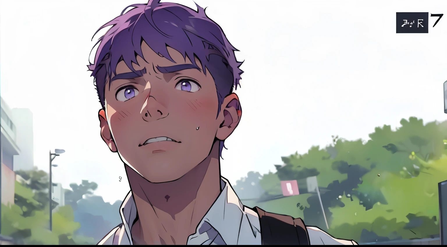 cute boy is upset purple eyes purple hair