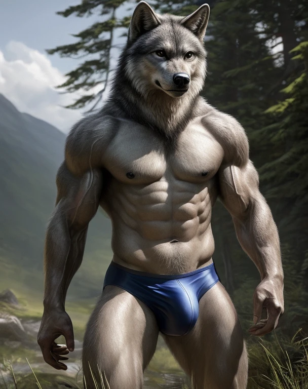 anthro, grey wolf, solo, male, adult, veiny muscles, muscular, buffed body, war hero, serious look, small eye, furred body, detailed background, wilderness background, clear weather, realistic, photorealistic, ultra realistic, 8k, bare-chested, black nipples, black eyes, tight big crotch, shirtless, glistening skin, detailed speedo, big underwear bulge