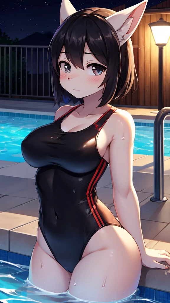 shark girl,furry,Cute Moe,big breasts,Good quality,Good resolution,go to swimming pool,Black one-piece swimsuit,Wet,nighttime,Good light and shadow details,shade,sexy pose,Have sexual desire to masturbate,sexy body