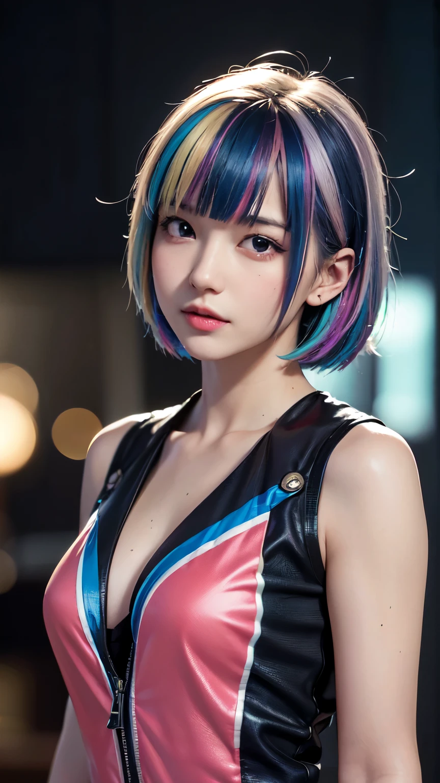 (realism、Realistic、Photorealistic、 超A high resolution )、girl, solo, Long Bob,Cheerleader、cheer leading、Colorful uniforms、Sci-Fi chic、 (In the middle of the night), Bokeh, Neon Light, Starry Sky, 白くShiny Hair, White eyebrows, Shiny Hair, (Rainbow Hair), Nipple Ring, bangs,, hair ornaments, Looking at the audienceください, Short Hair, Portraiture, Side Lock、(masterpiece、highest quality、Highest quality、Highest Resolution、Super detailed、Ultra-compact、Realistic textured skin and face)、Looking at the audience、Accurate anatomy、