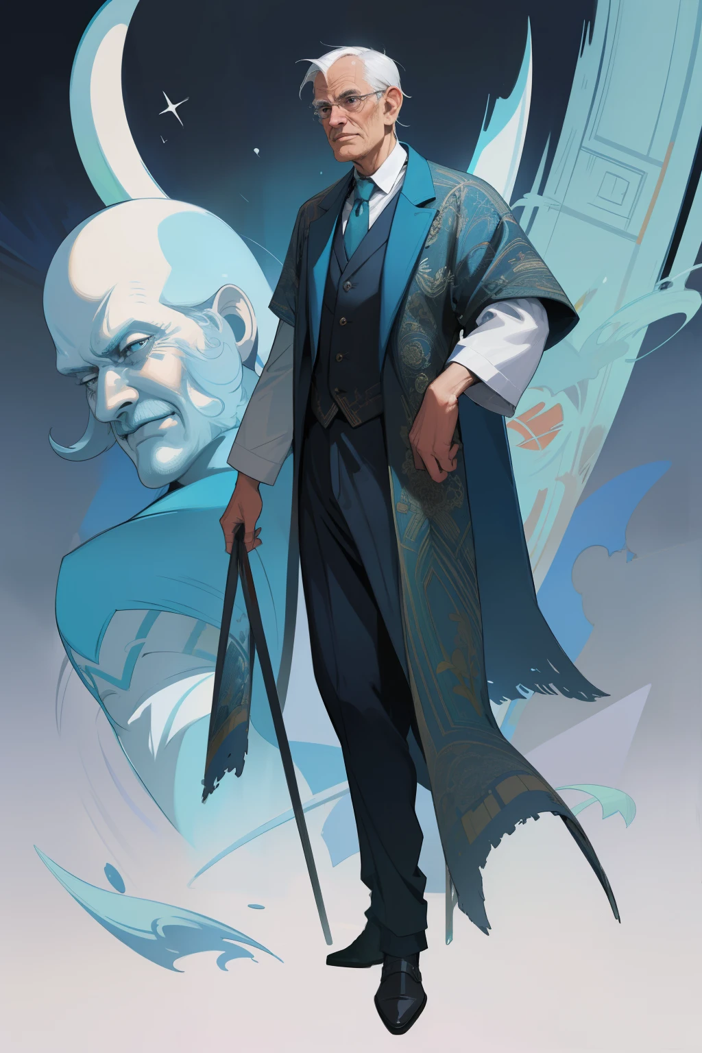 An elderly man, dressed in a comic outfit, with light black and aquamarine hues, reminiscent of Pegi Nicol MacLeod and Jack Kirby's distinctive style, is depicted full-body. Emphasis on intricate details is evident in the woven color planes, showcasing his glorious visage.