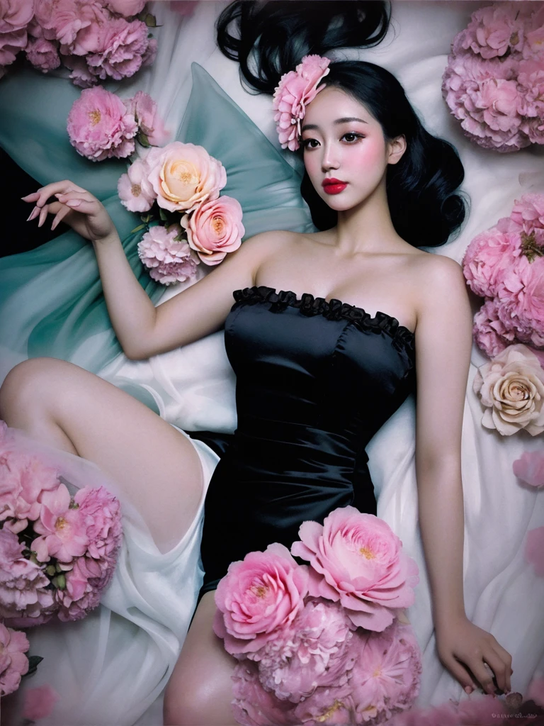 a beautiful princess in a lush garden, vibrant blue sky, detailed face and eyes, volumetric lighting, intricate details, photorealistic, high class fashion, masterpiece, professional digital art, cinematic color palette, using a palette of light pink, muted blue, dark grayish blue, bright blue, very dark gray, and light grayish blue