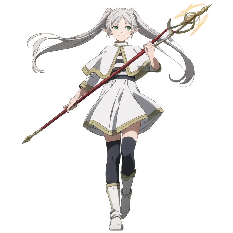 ((Freezing)), ((masterpiece)), (very saturated), (High resolution:1.3), (Professional photography:1.2), Wide Shot, (Cinema Lighting), One girl, alone, (Flat body), (smile), walking, beautiful, Fairy, Pointed Ears, Gray Hair, (Long twin tails), Green Eyes, White Dress, White Cape, ((A white aura emanating from her)), magic, (Kyoto), City Walking,Frielen,Live-action adaptation