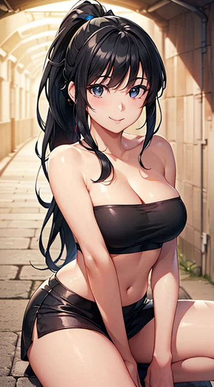 ((masterpiece, highest quality, High resolution, Hmm, Pixel perfect, Depth of written boundary, 4k, RTX, HDR))), 1 Girl, single, alone, Beautiful Anime Girls, Beautiful art style,anime character, ((Long Hair, bangs, Black Hair, ponytail:1.5)), (Brown eyes:1.4, Round eyes, Beautiful eyelashes, Realistic eyes), (Detailed face, ), (Smooth texture:0.75, Realistic texture:0.65, Realistic:1.1, Anime CG Style), Medium breast, (Perfect body ,(Black Tube Top), mini skirt, smile, Filmed in a tunnel, Spread your legs wide